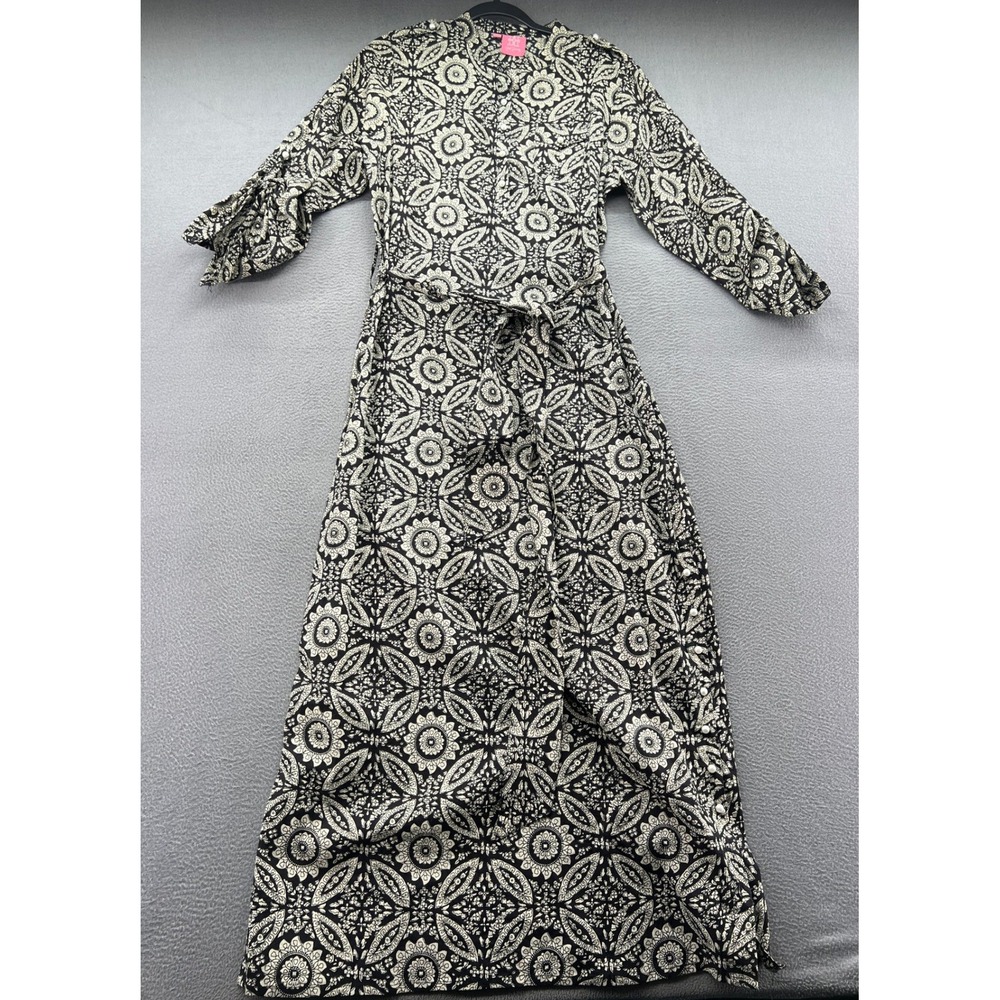 Just Darviny Dress Womens Black White Medallion Maxi Pearl Buttons Belted L